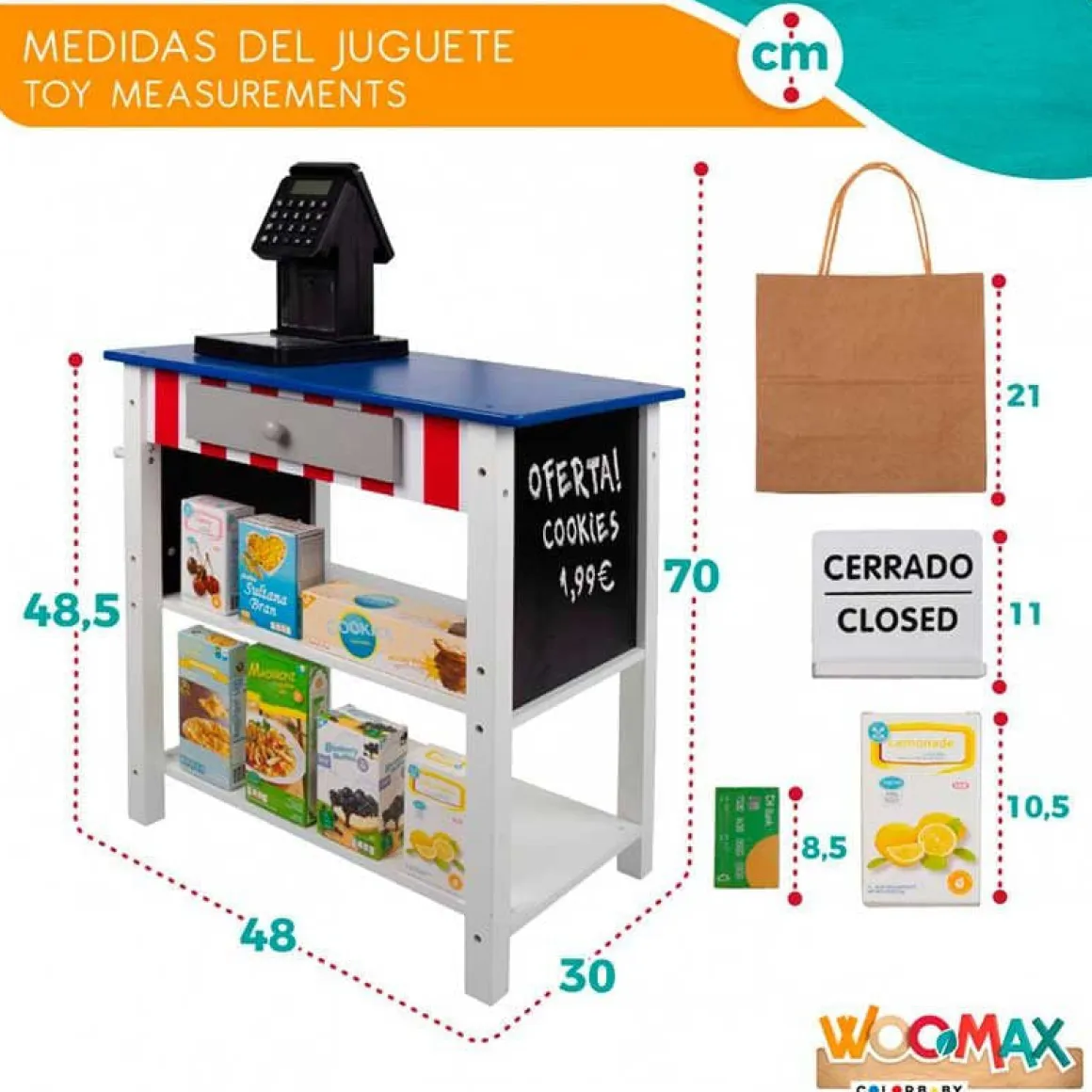 Supermercado de juguete Woomax 27 accesorios +3A azul/blanco 70x48x30 cm
