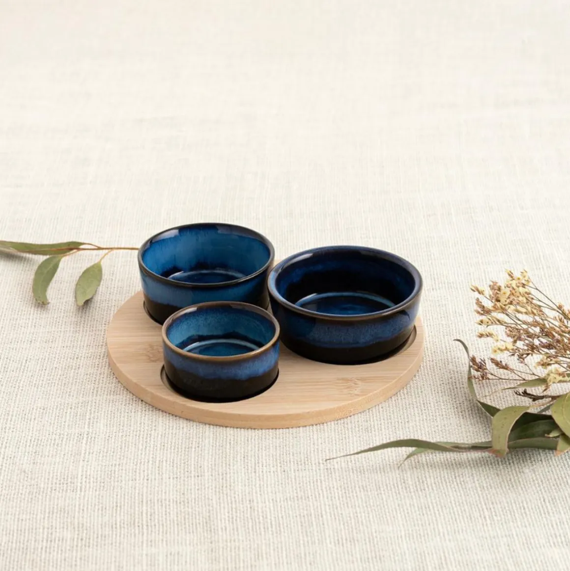 Tabla de aperitivo Moana Bidasoa 3 cuencos cerámica natural/azul