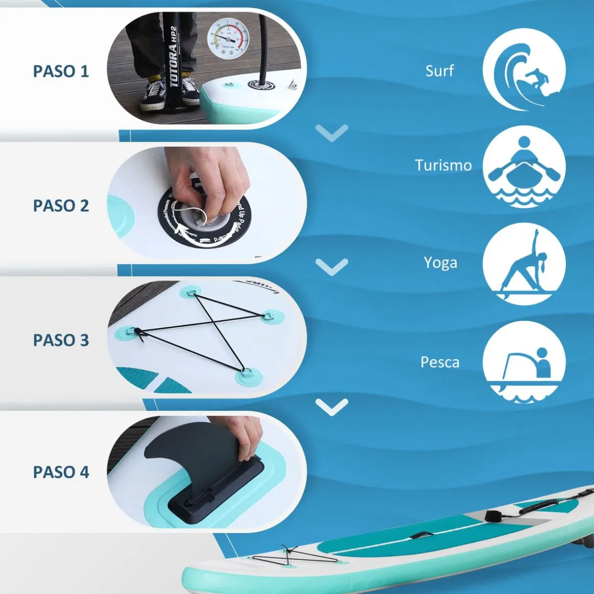 Tabla de paddlesurf Ocean Outsunny hinchable + accesorios blanco/azul 15x320x76 cm