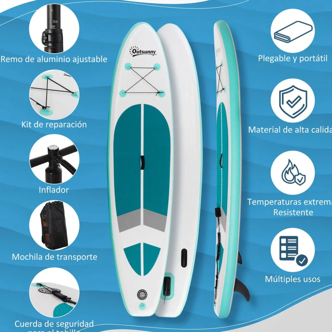 Tabla de paddlesurf Ocean Outsunny hinchable + accesorios blanco/azul 15x320x76 cm