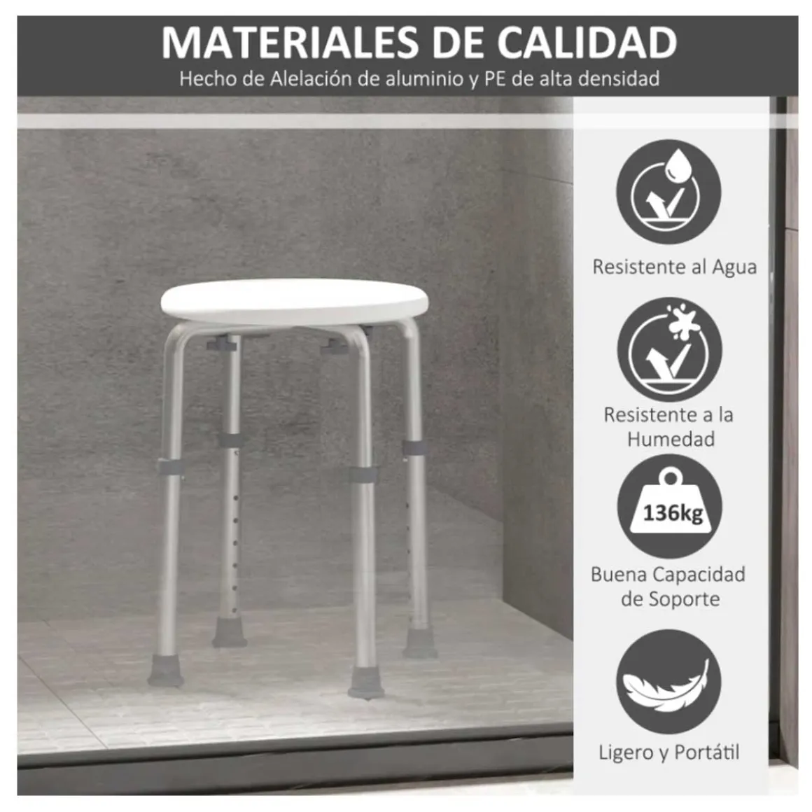 Taburete de baño Homcom altura regulable blanco 35,5-54x41x32,2 cm