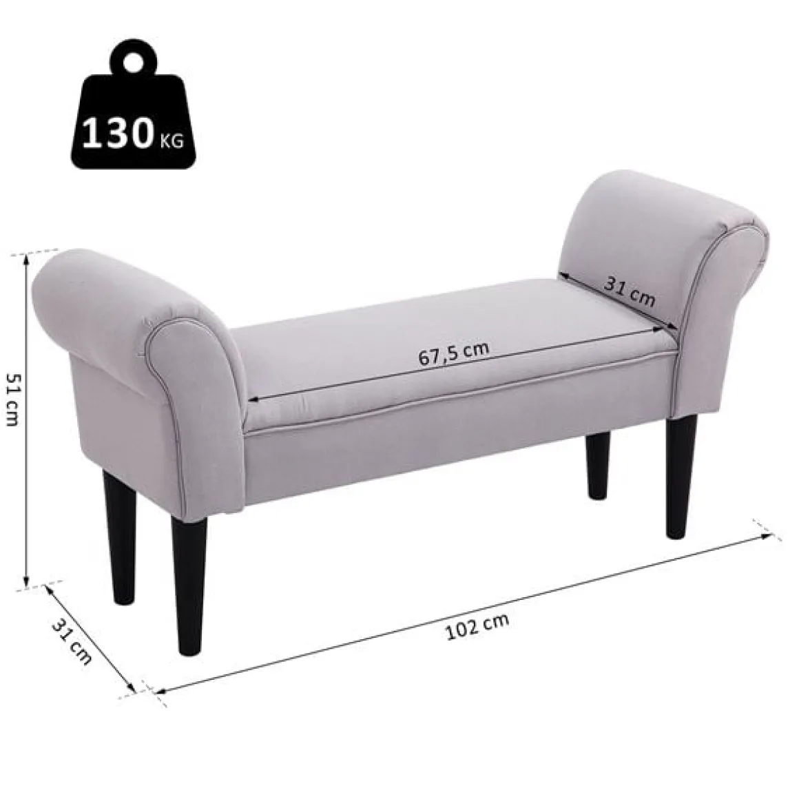 Taburete pie de cama con brazos tapizados gris 130kg 102x31x51 cm