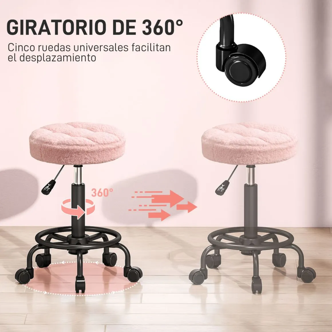 Taburete Wall Homcom diseño giratorio con ruedas Ø50x50-66 cm