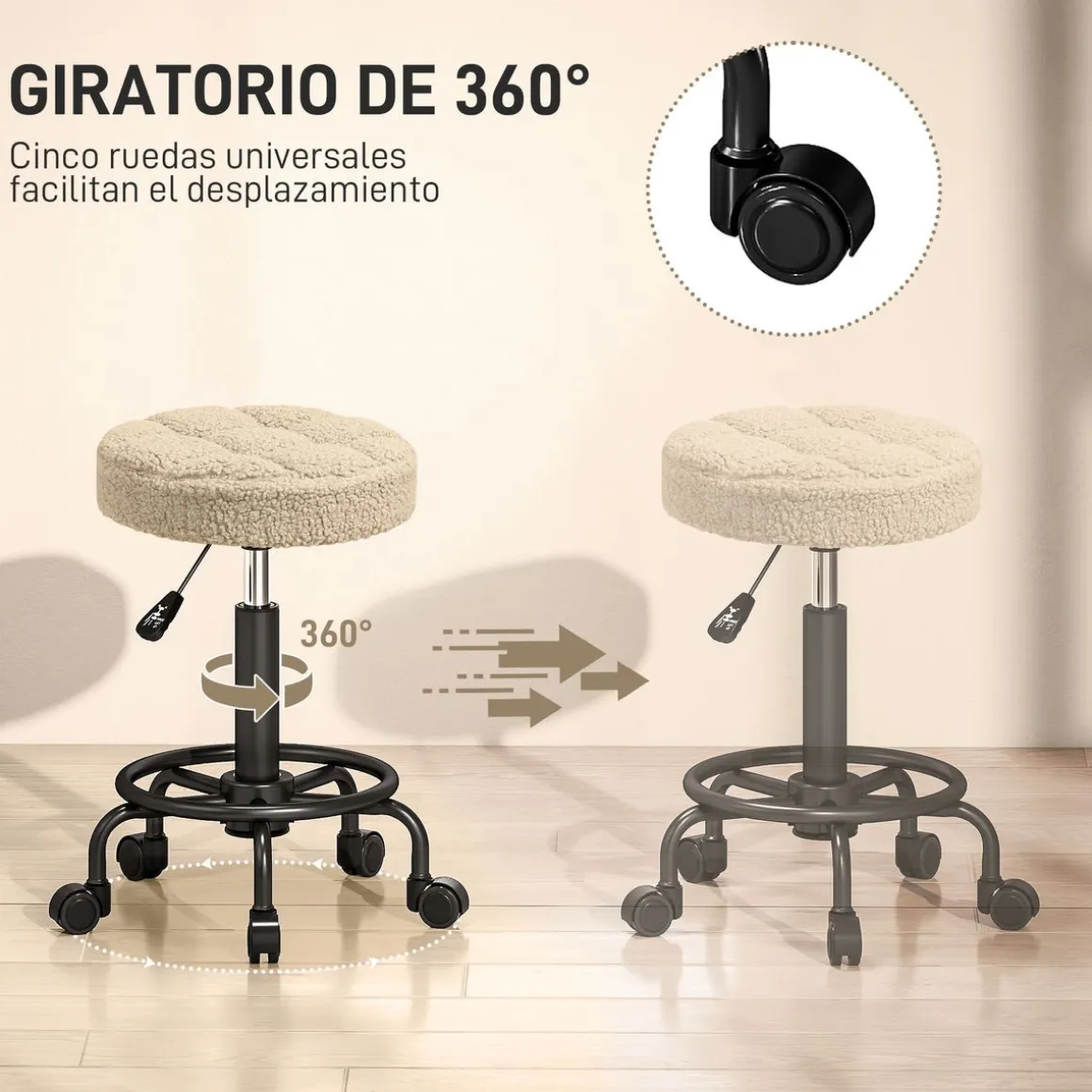 Taburete Wall Homcom diseño giratorio con ruedas Ø50x50-66 cm