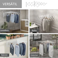 Tendedero de pared extensible Homcom 5 barras blanco 20x60x63,5 cm