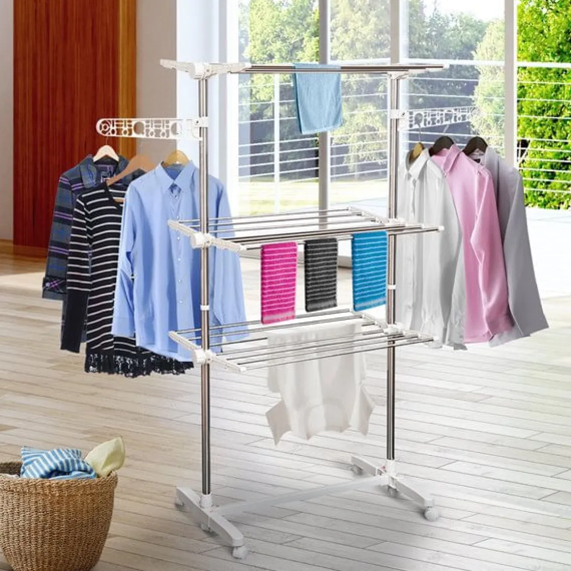 Tendedero de ropa Homcom 3 niveles con ruedas plegable 152x80-142x55 cm