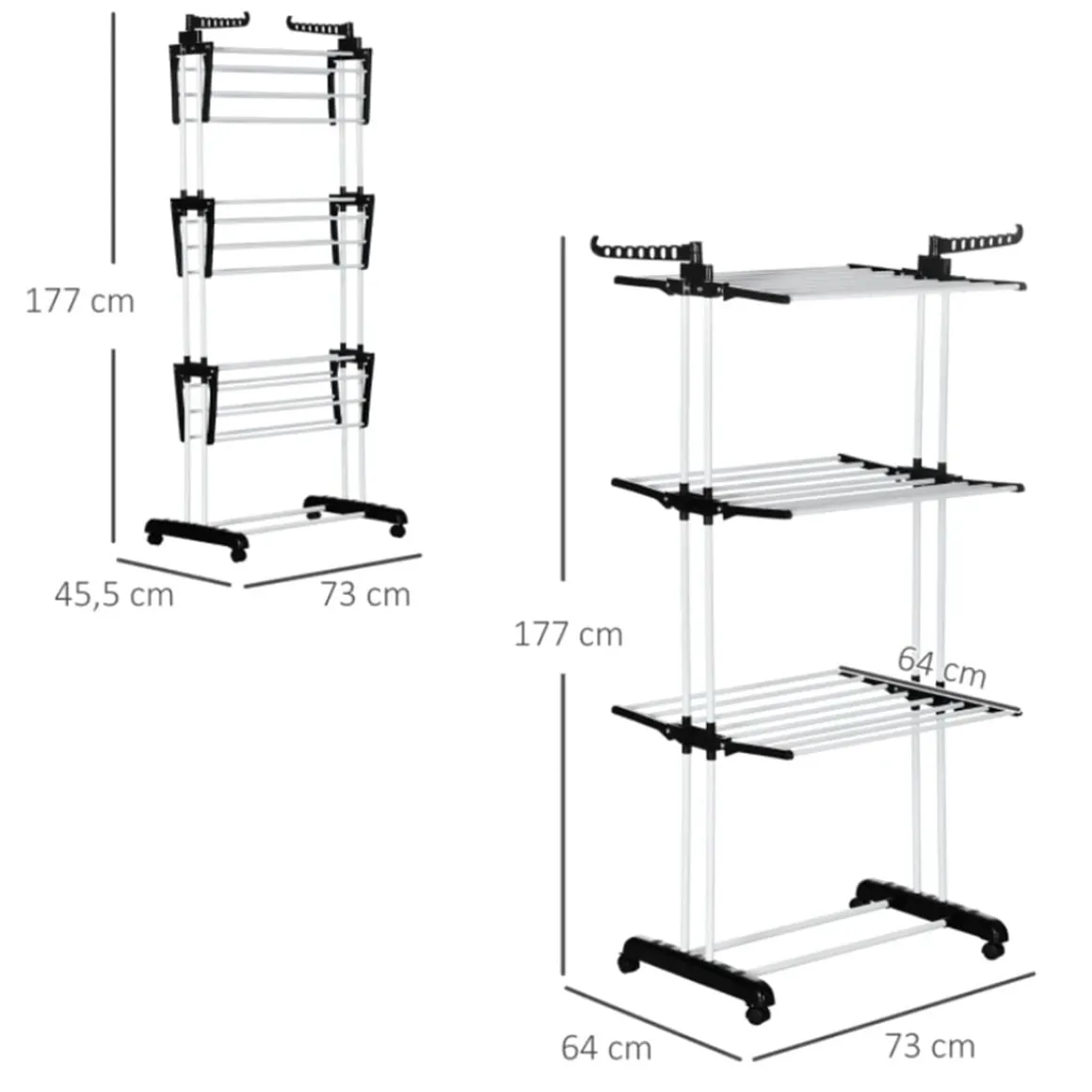 Tendedero plegable Homcom 3 niveles con alas plegables y colgadores negro/blanco 177x73x64 cm