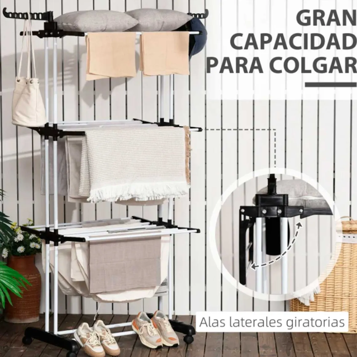 Tendedero plegable Homcom 3 niveles con alas plegables y colgadores negro/blanco 177x73x64 cm