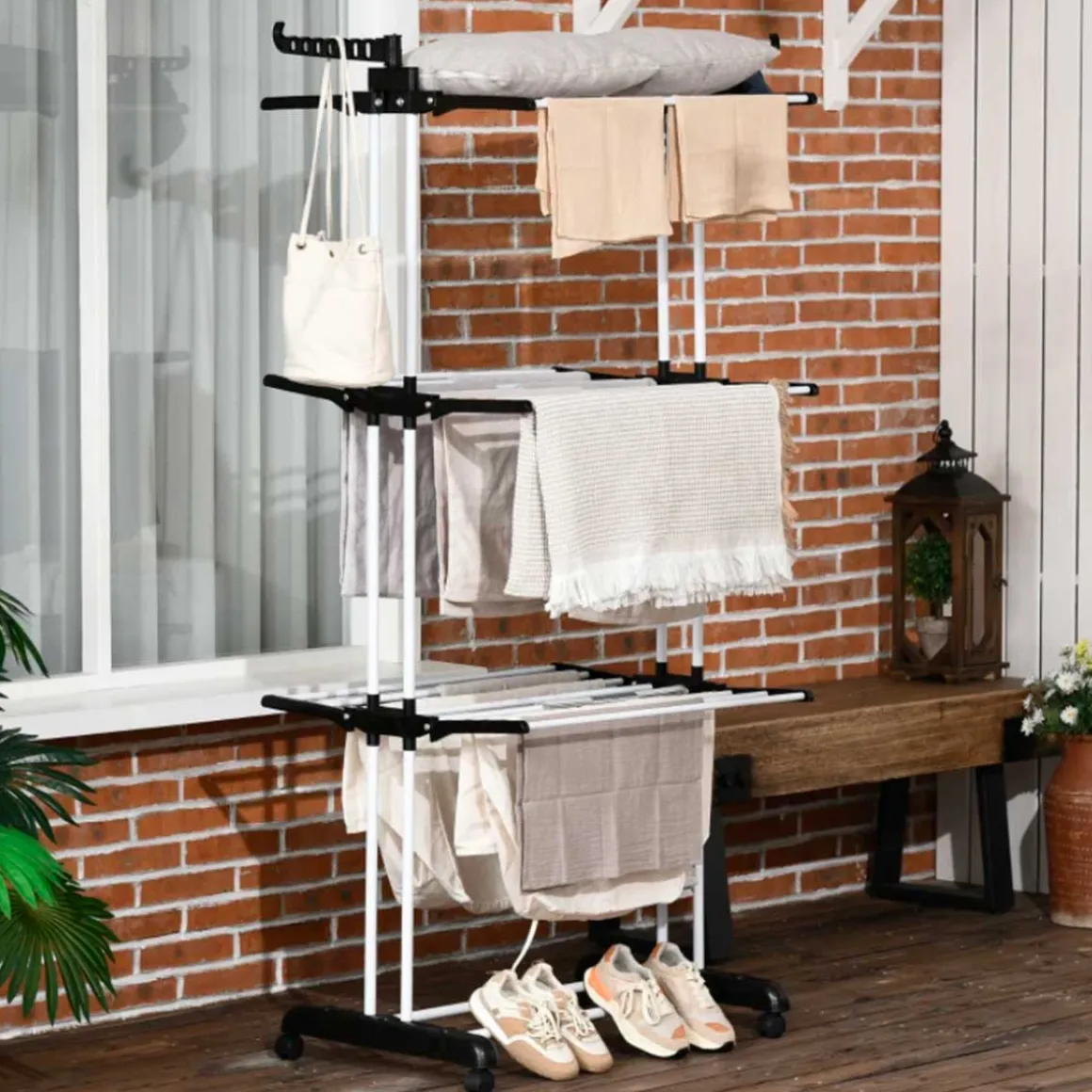 Tendedero plegable Homcom 3 niveles con alas plegables y colgadores negro/blanco 177x73x64 cm