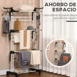 Tendedero plegable Homcom 3 niveles con alas plegables y colgadores negro/blanco 177x73x64 cm