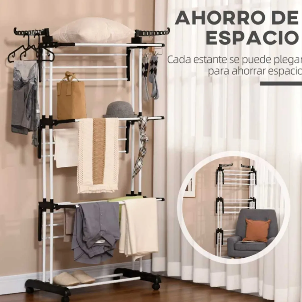 Tendedero plegable Homcom 3 niveles con alas plegables y colgadores negro/blanco 177x73x64 cm