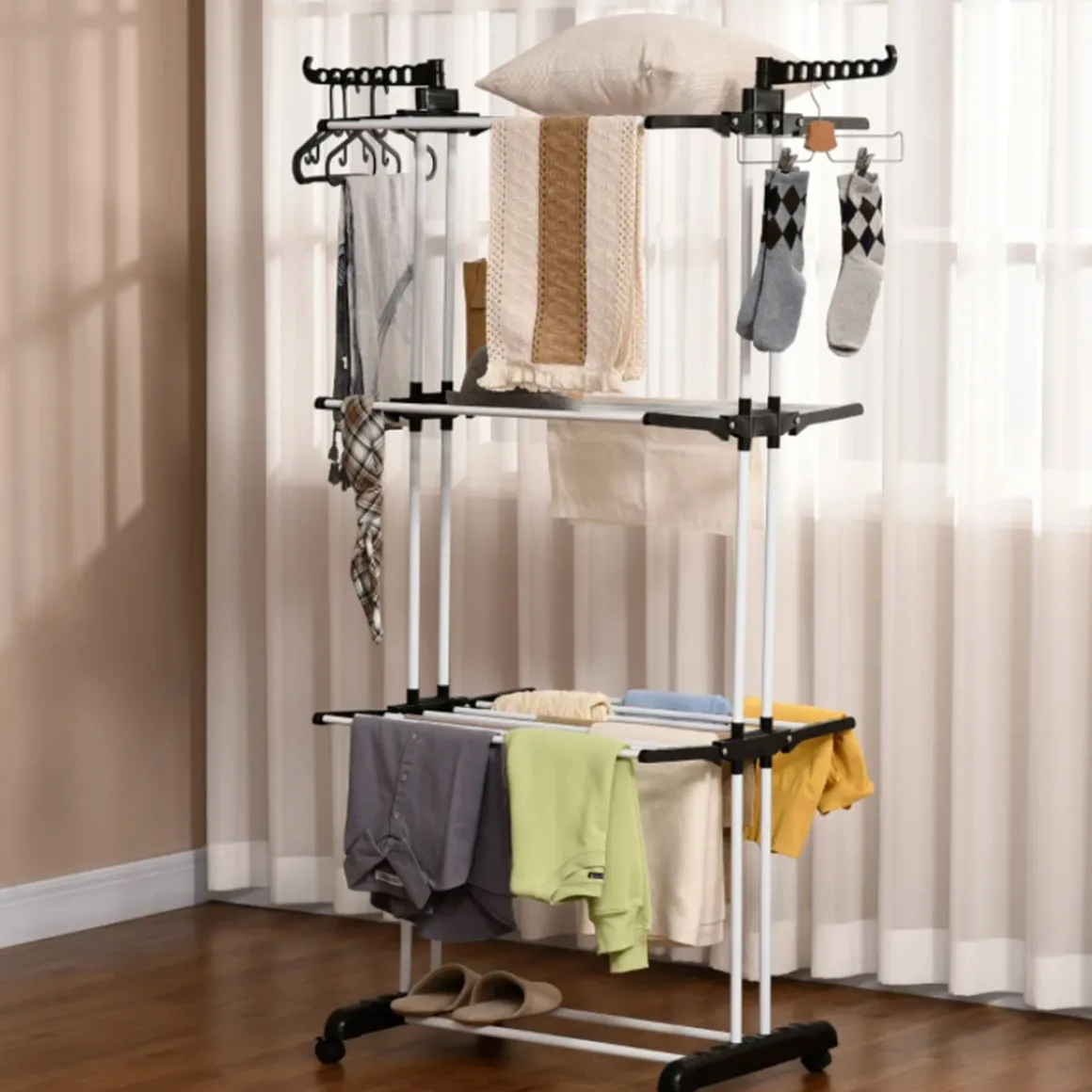 Tendedero plegable Homcom 3 niveles con alas plegables y colgadores negro/blanco 177x73x64 cm