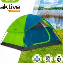 Tienda de campaña Aktive Camping 4 personas doble techo verde/azul 130x240x210 cm