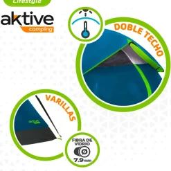 Tienda de campaña Aktive Camping 4 personas doble techo verde/azul 130x240x210 cm