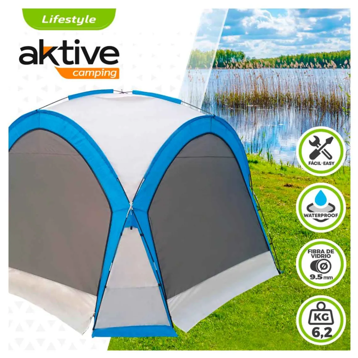 Tienda de campaña Aktive con mosquitera azul/gris 260x350x350 cm