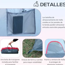 Tienda de campaña Outsunny 5/6 plazas + bolsa de transporte + gancho para luz gris 180x455x230 cm