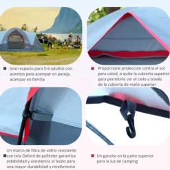 Tienda de campaña Outsunny 5/6 plazas + bolsa de transporte + gancho para luz gris 180x455x230 cm