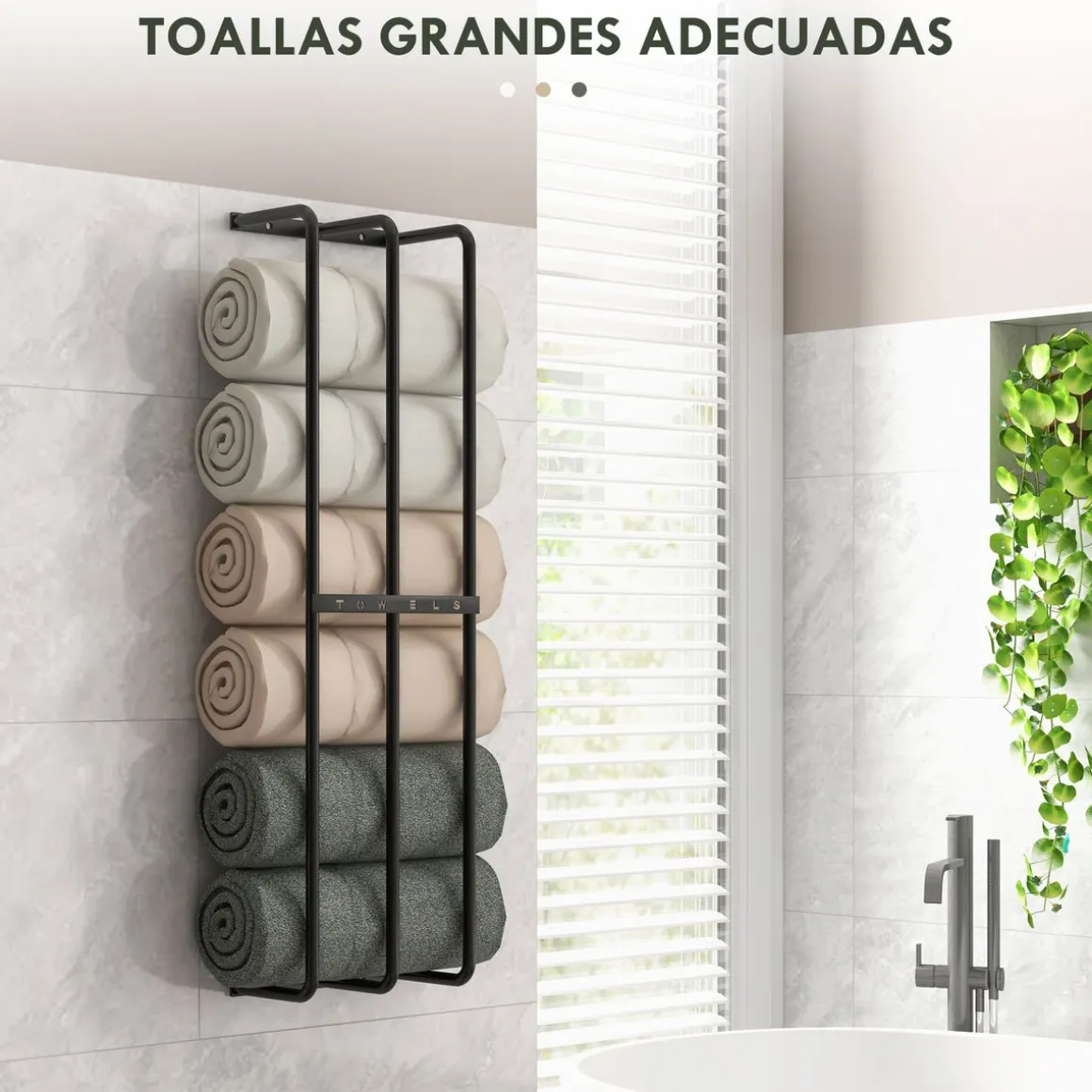 Toallero de pared Merlín Homcom 6 toallas extragrandes metal negro 74x21x12 cm