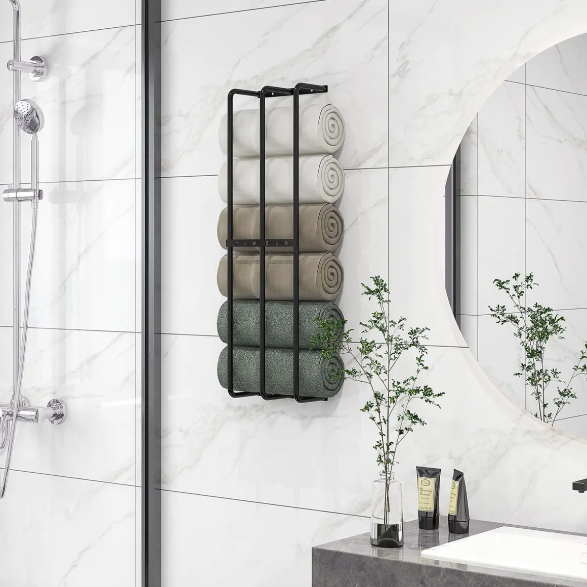 Toallero de pared Merlín Homcom 6 toallas extragrandes metal negro 74x21x12 cm