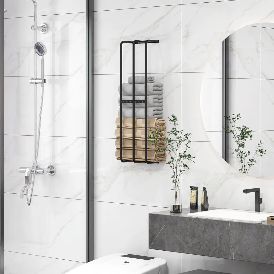 Toallero de pared Merlín Homcom 6 toallas extragrandes metal negro 74x21x12 cm