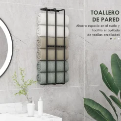 Toallero de pared Merlín Homcom 6 toallas extragrandes metal negro 74x21x12 cm