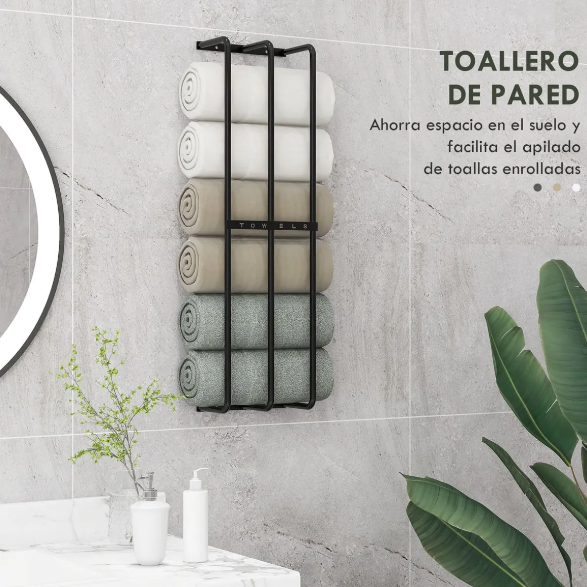 Toallero de pared Merlín Homcom 6 toallas extragrandes metal negro 74x21x12 cm