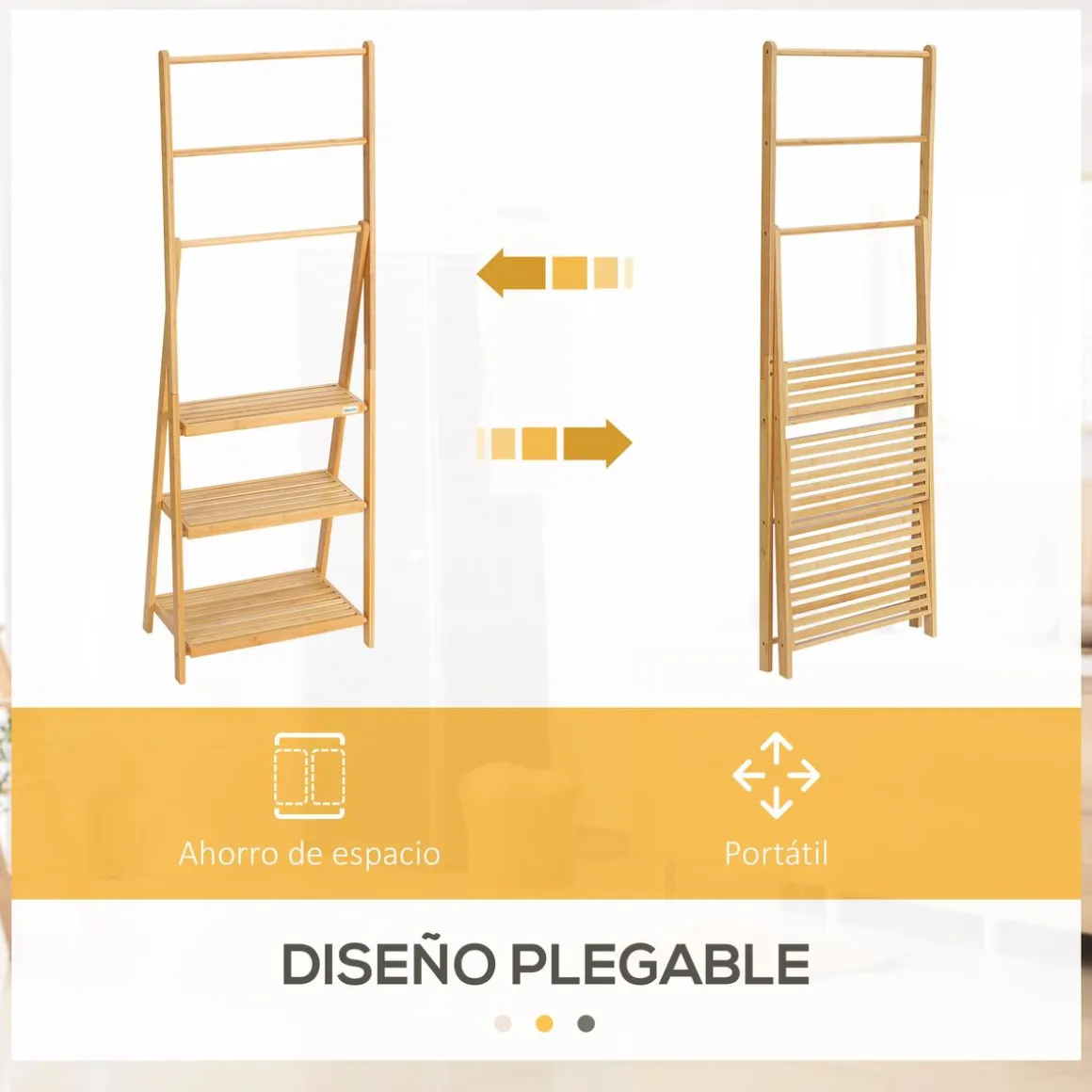 Toallero de pie Camelot Homcom 3 barras + 3 estantes bambú natural 152x53x40,5 cm