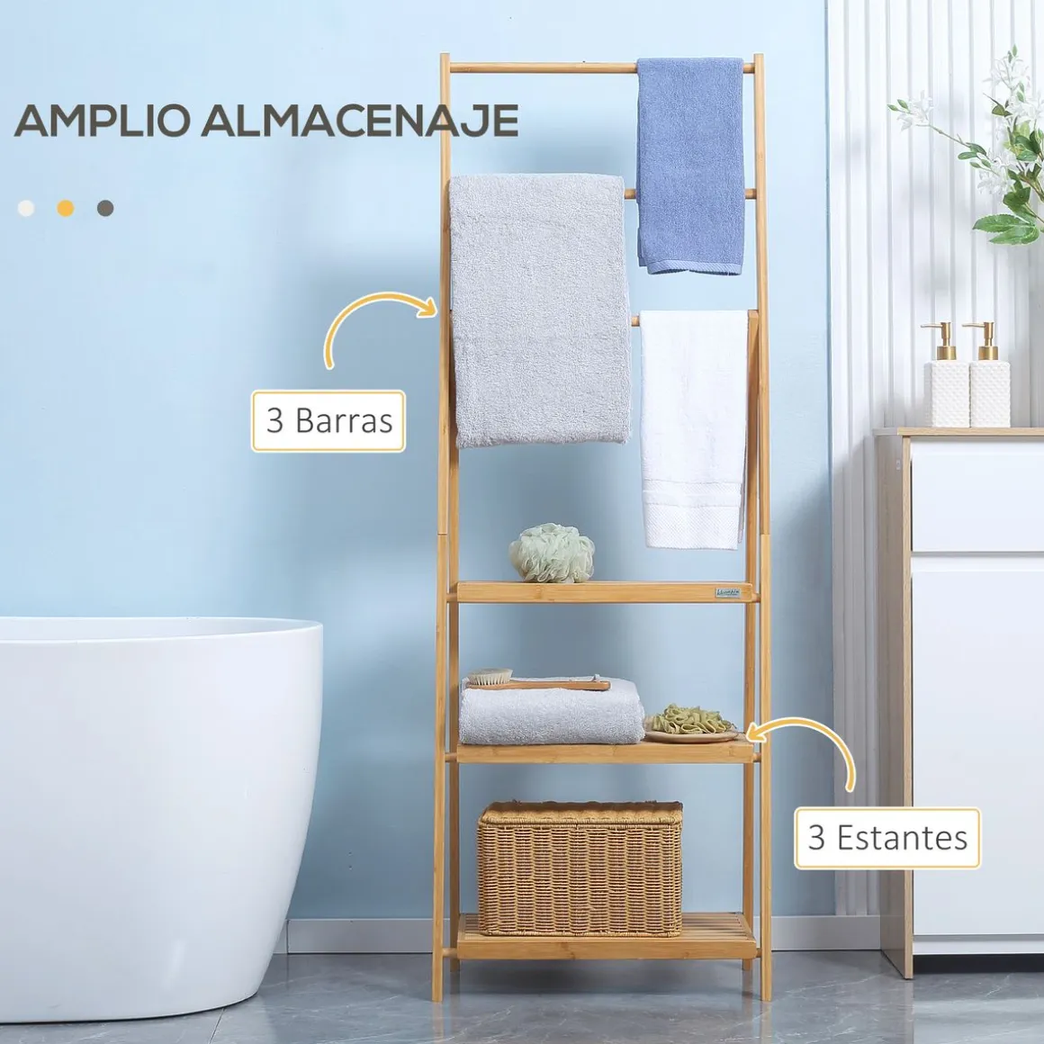 Toallero de pie Camelot Homcom 3 barras + 3 estantes bambú natural 152x53x40,5 cm