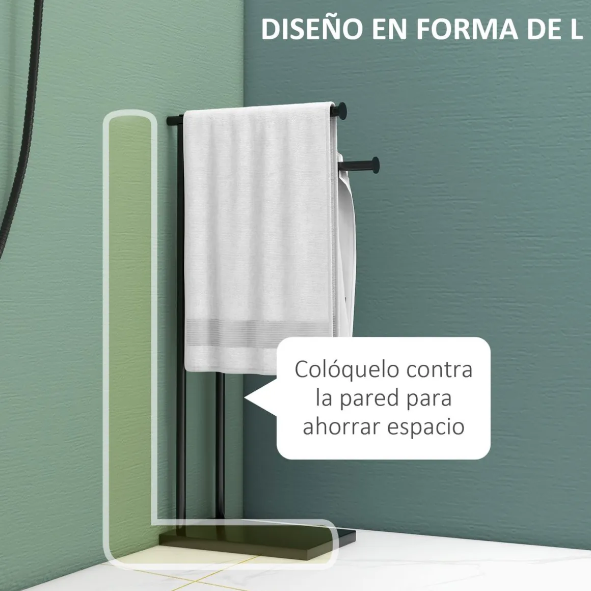 Toallero de pie Excalibur Homcom forma L 2 barras para colgar metal negro 78x35,5x20 cm
