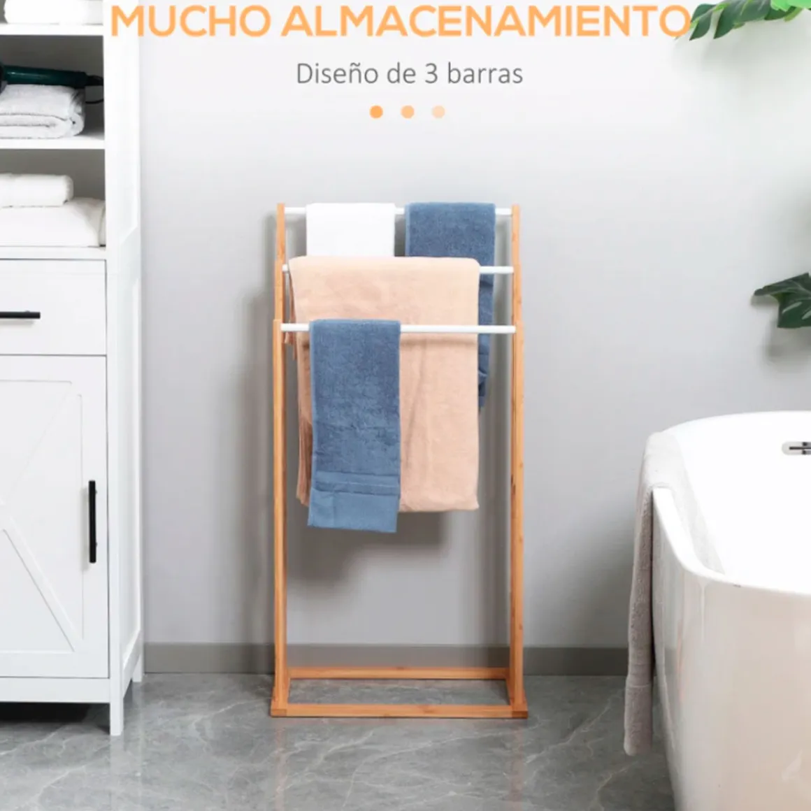 Toallero de pie Homcom 3 barras 3 alturas natural/blanco 94x48x25,8 cm