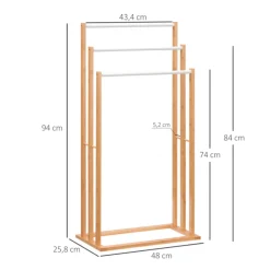 Toallero de pie Homcom 3 barras 3 alturas natural/blanco 94x48x25,8 cm