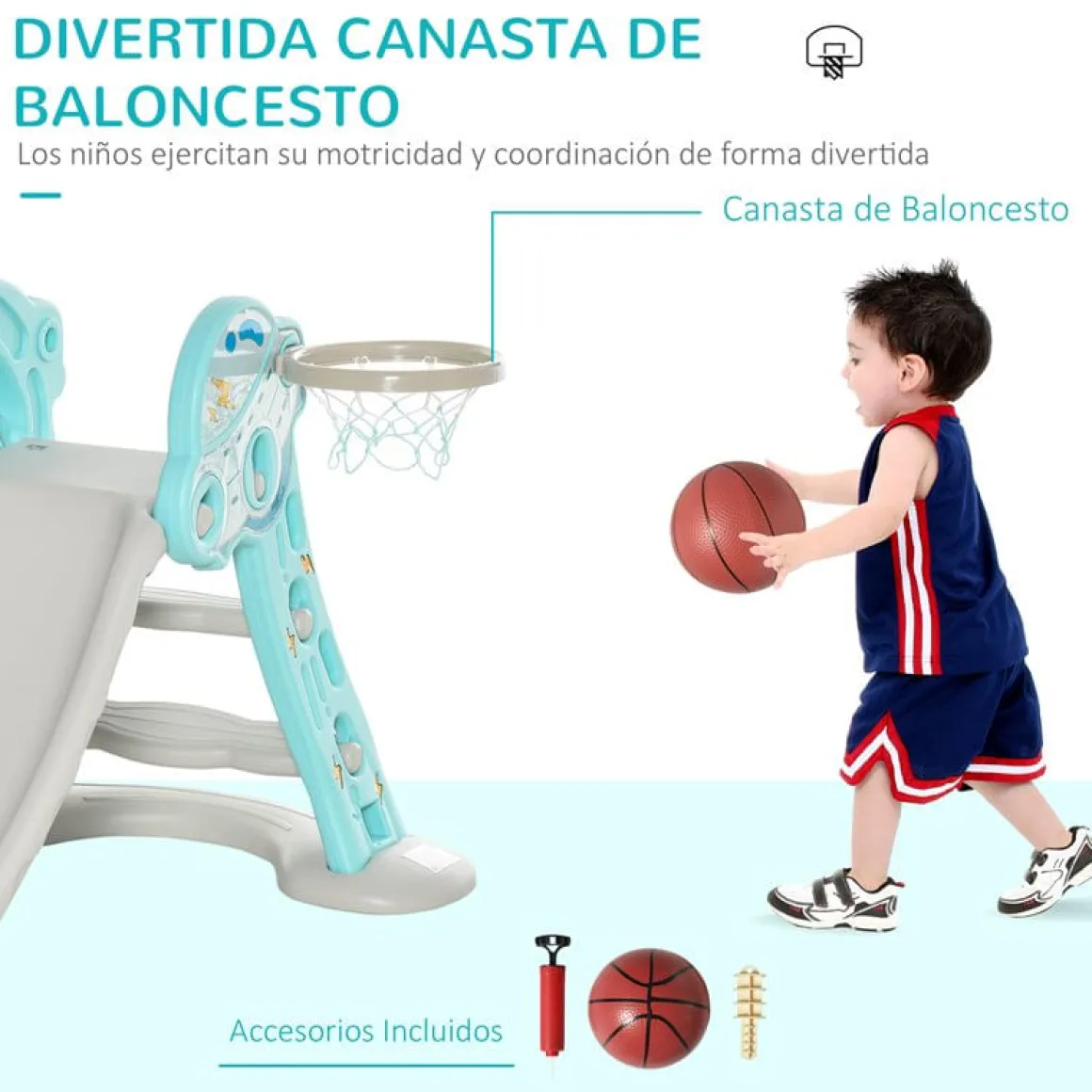 Tobogán infantil Homcom con canasta +18M azul/gris 75x35x140 cm