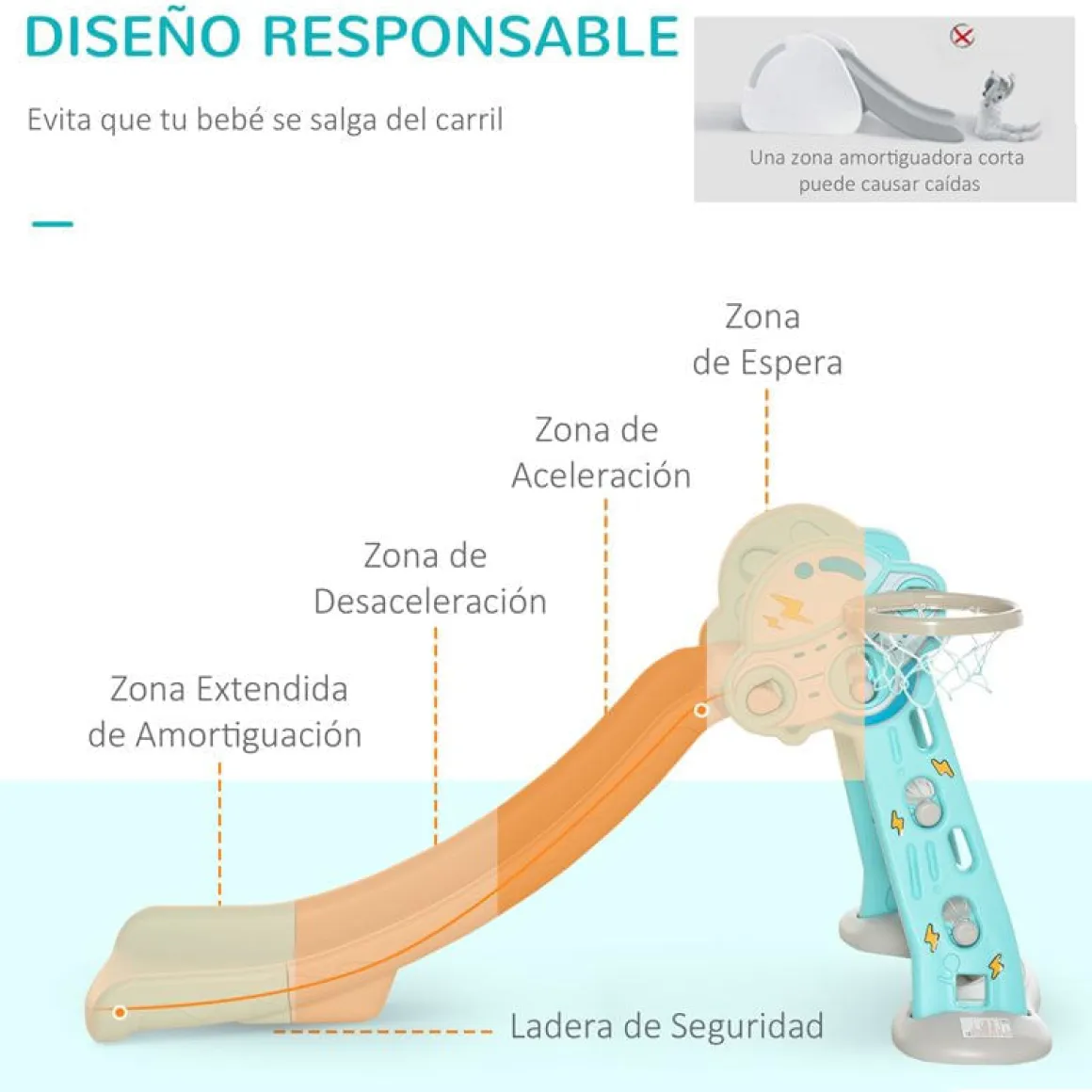 Tobogán infantil Homcom con canasta +18M azul/gris 75x35x140 cm