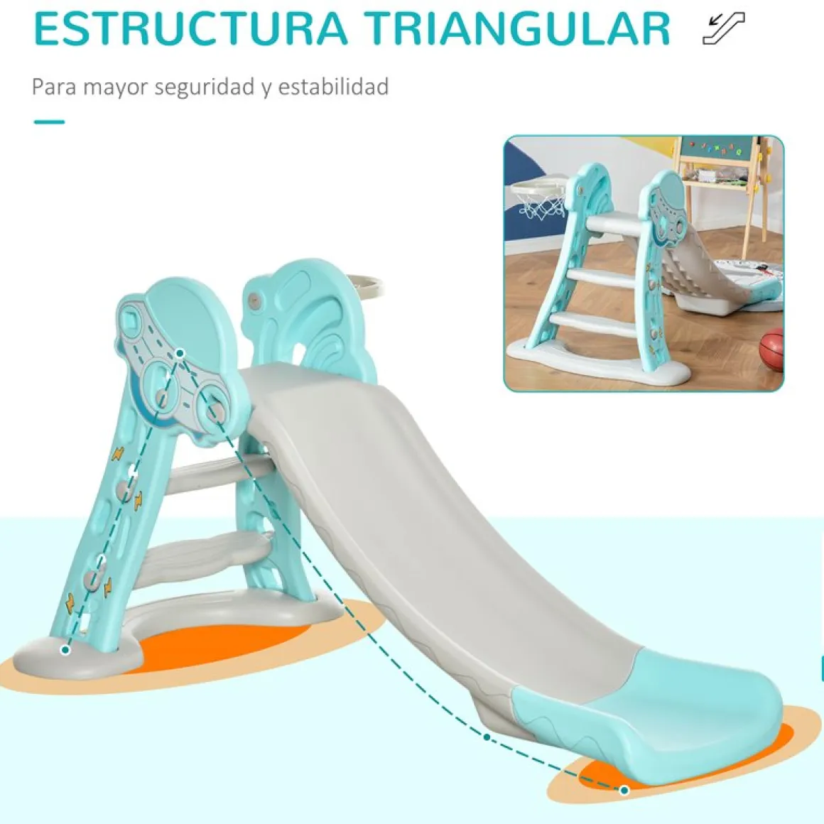 Tobogán infantil Homcom con canasta +18M azul/gris 75x35x140 cm