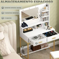 Tocador Aura Homcom 2 cajones + espejo LED + taburete blanco/dorado