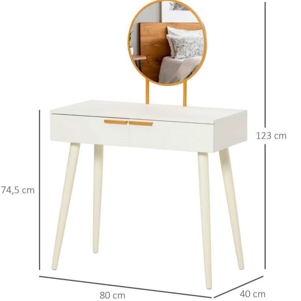 Tocador con espejo Homcom 2 cajones blanco/dorado 123x80x40 cm