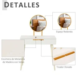 Tocador con espejo Homcom 2 cajones blanco/dorado 123x80x40 cm