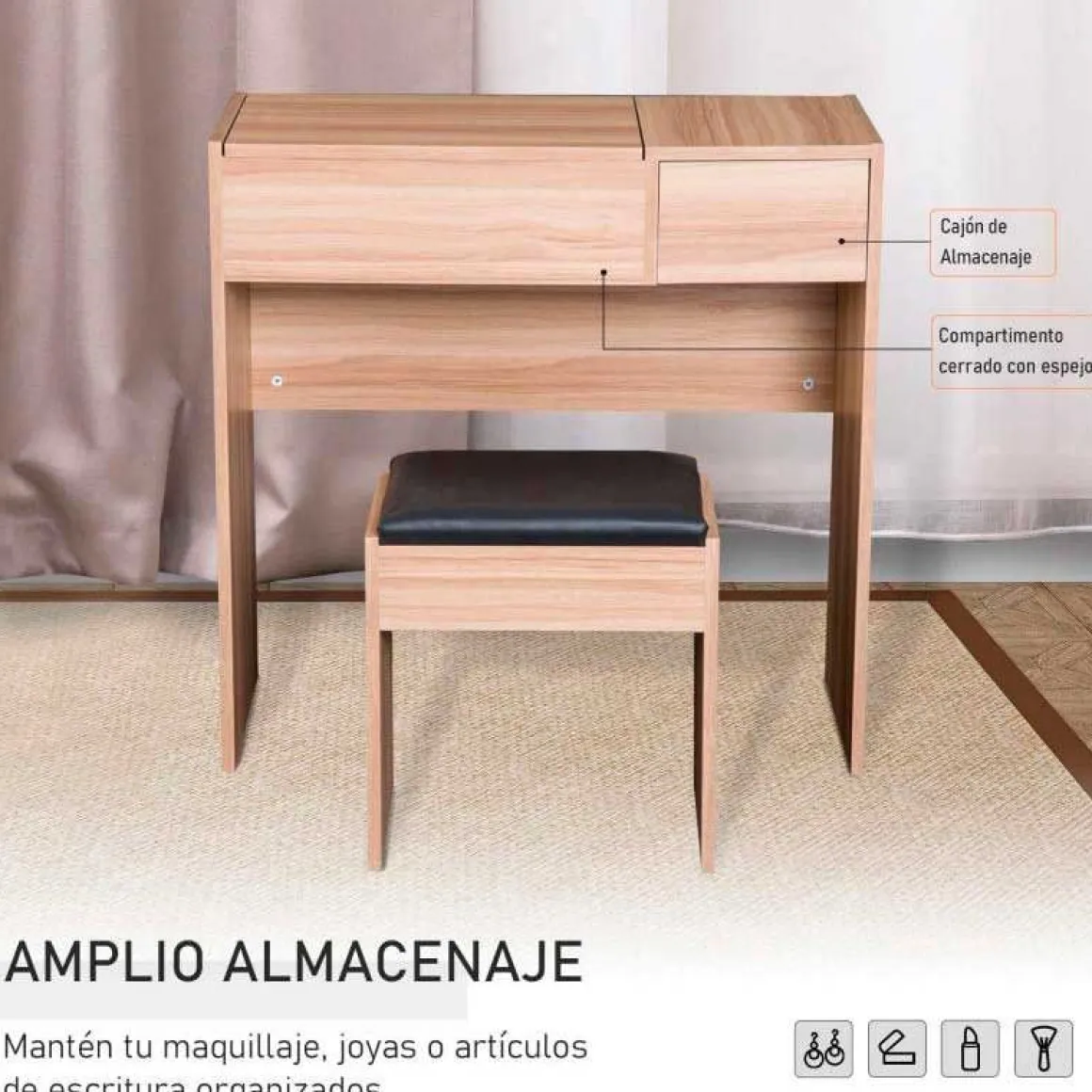 Tocador con taburete Homcom con espejo abatible madera