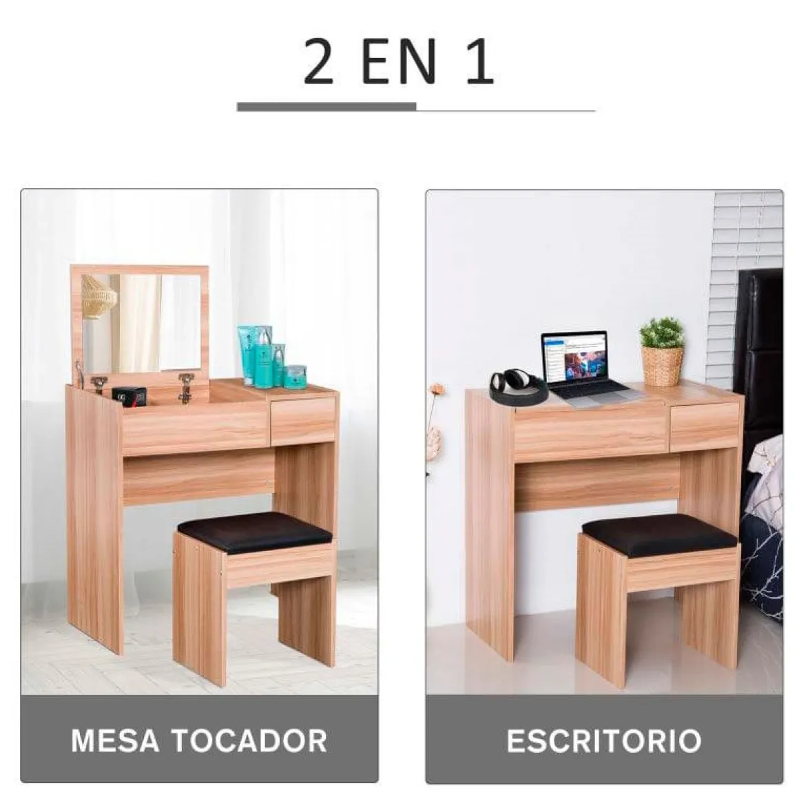 Tocador con taburete Homcom con espejo abatible madera