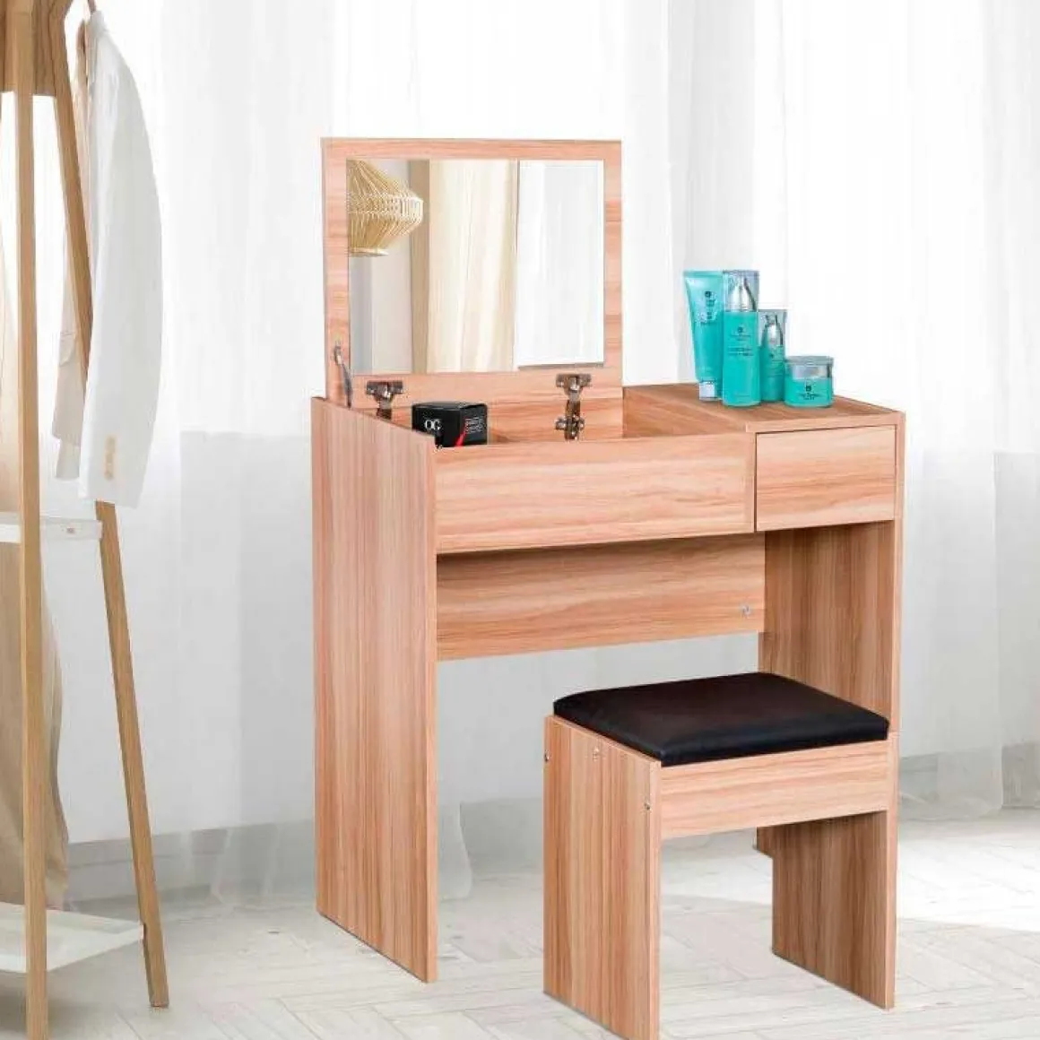 Tocador con taburete Homcom con espejo abatible madera