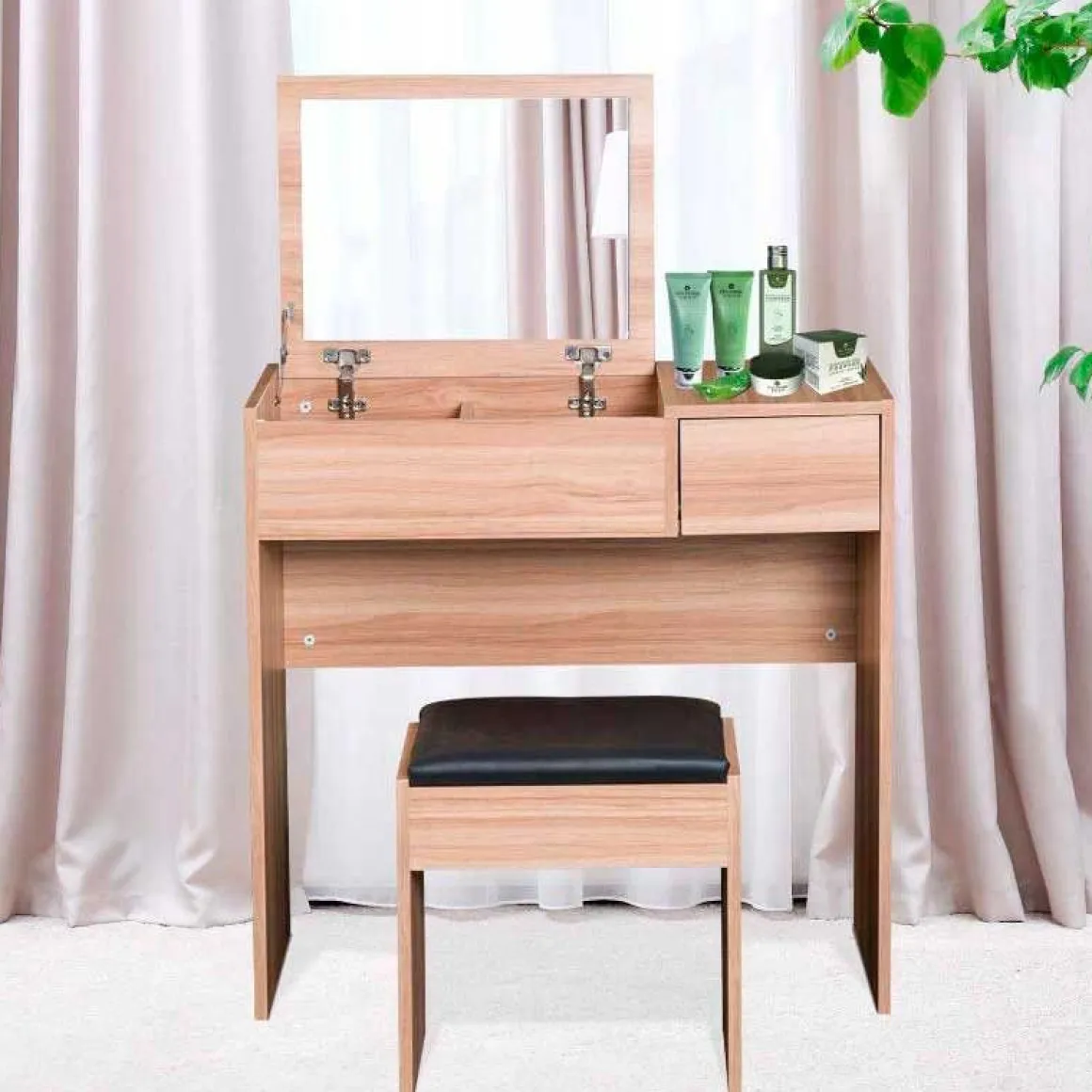 Tocador con taburete Homcom con espejo abatible madera