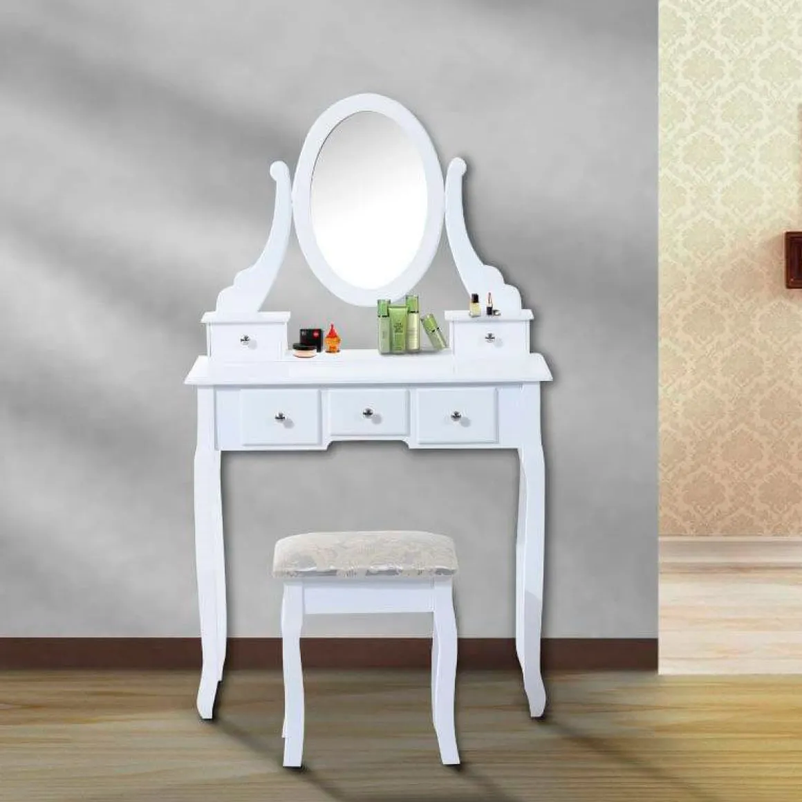 Tocador con taburete Homcom y espejo 360º blanco