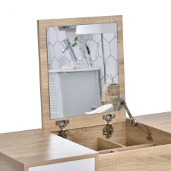 Tocador Dafne Homcom espejo abatible taburete blanco/natural 118x100x45 cm