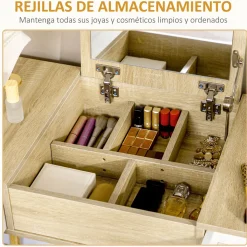 Tocador Dafne Homcom espejo abatible taburete blanco/natural 118x100x45 cm