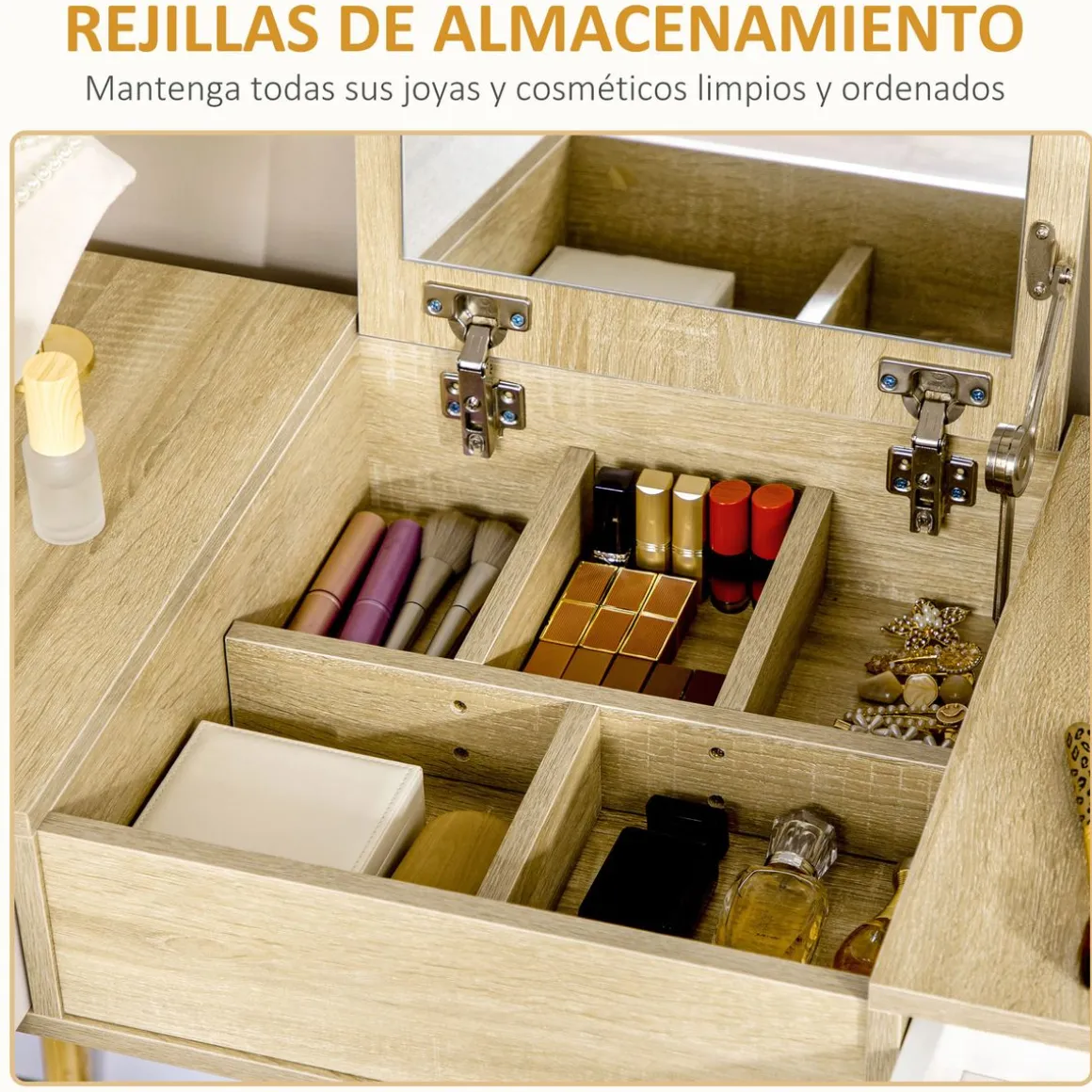 Tocador Dafne Homcom espejo abatible taburete blanco/natural 118x100x45 cm