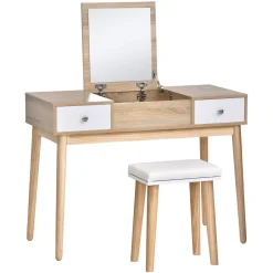 Tocador Dafne Homcom espejo abatible taburete blanco/natural 118x100x45 cm