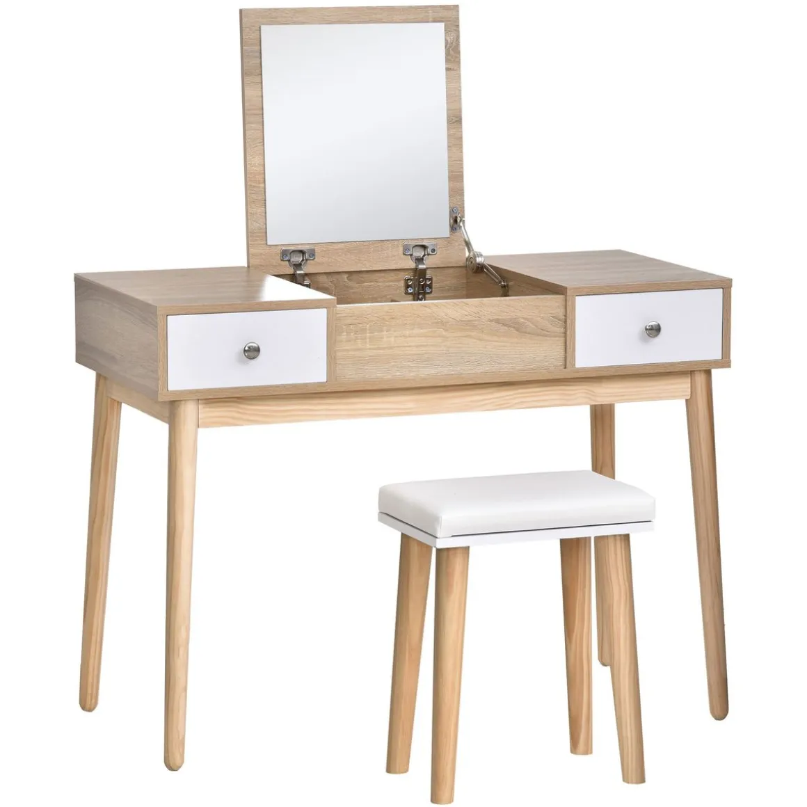 Tocador Dafne Homcom espejo abatible taburete blanco/natural 118x100x45 cm