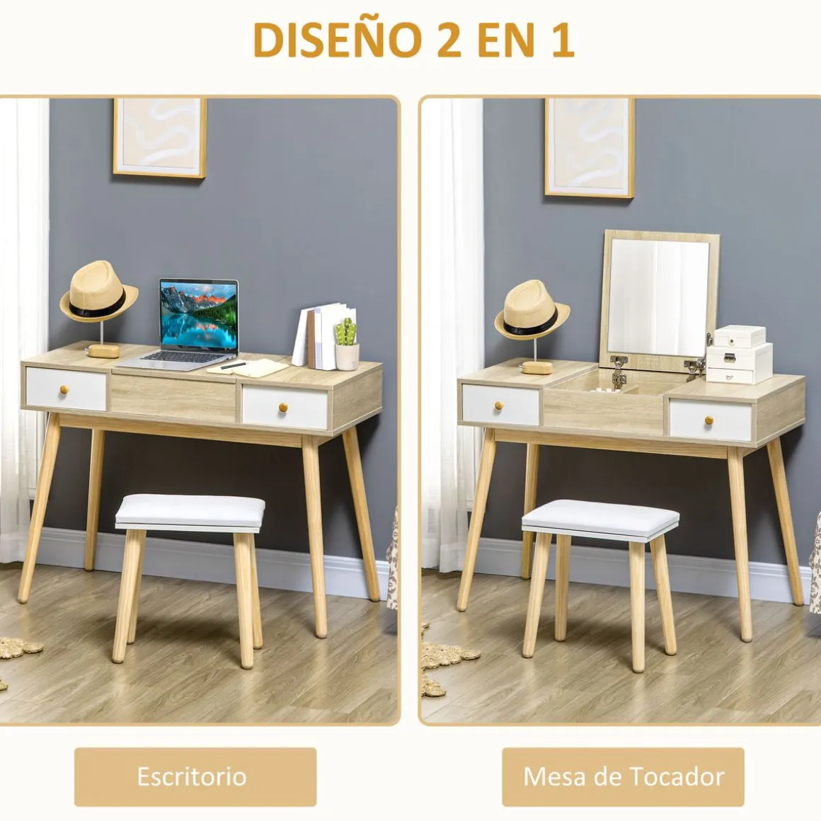 Tocador Dafne Homcom espejo abatible taburete blanco/natural 118x100x45 cm