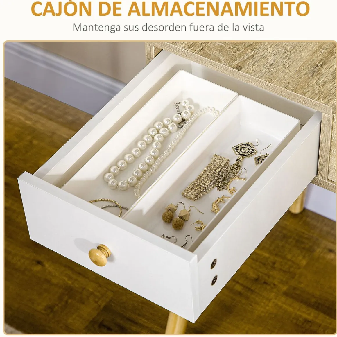 Tocador Dafne Homcom espejo abatible taburete blanco/natural 118x100x45 cm