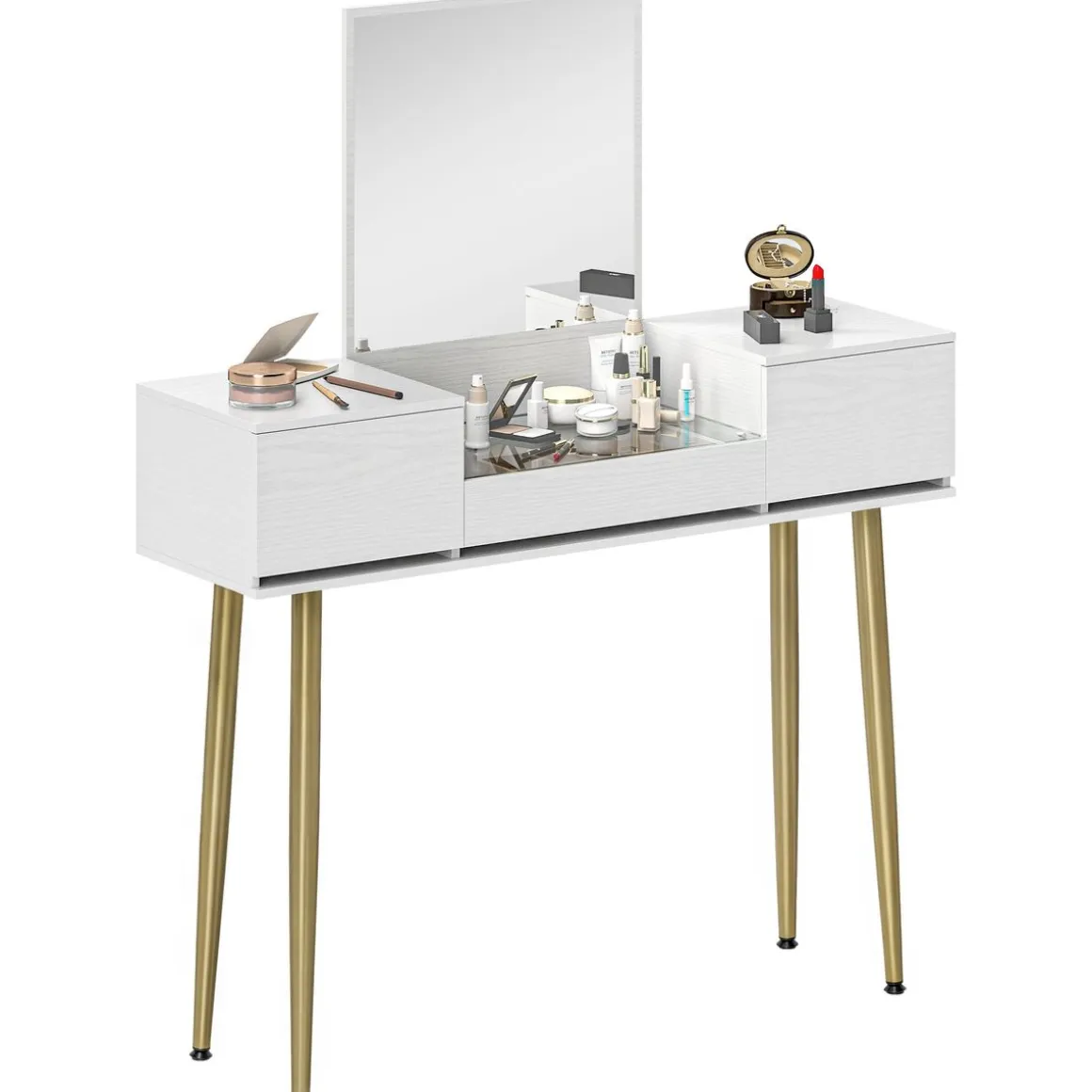 Tocador Gloria Homcom 1 espejo + 3 cajones blanco/dorado 130,5x105,5x30 cm